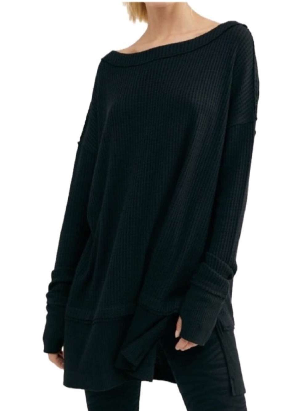 Free People Black Waffle Knit Oversized North Shore Thermal Top Size S NWT